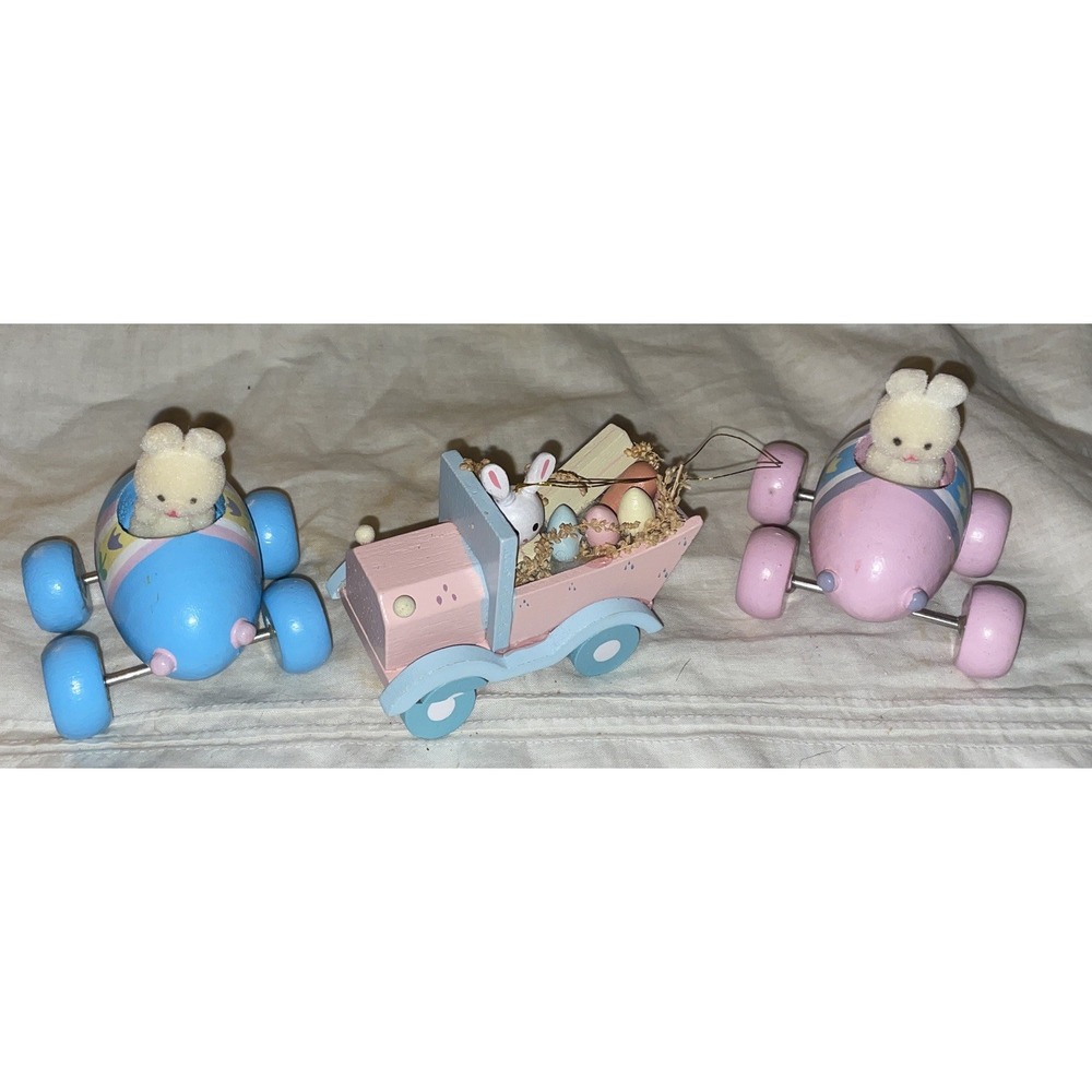 Vintage Enesco Easter Bunny In Egg Cars  Decorations Lot Of 3 Spring